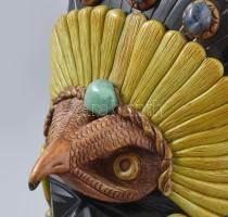 Mexikói monumentális obszidián szobor, ásványokkal és ásványpasztával díszítve, hibátlan, m: 24 cm