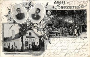 1902 Dreistetten, L. Scherrers Gasthaus, Gasthaus-Garten / inn, restaurant garden with waiters and guests. Art Nouveau, floral (EK)