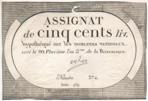 Franciaország 1794. 500L "Assignata" "353 374" T:III,III- középvonalnál fent nagyobb ly. France 1794. 500 Livres "Assignat" "353 374" C:F,VG rather large hole upwards at the centerline  Krause A77