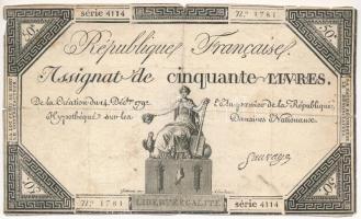 Franciaország 1792. 50L "Assignata" T:III,III- szakadások France 1792. 50 Livres "Assignata" C:F,VG tears  Krause A72