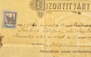 1922 Hódmezővásárhely, díszes bognár segédlevél, 5 K okmánybélyeggel, hajtott, kisebb gyűrődésekkel