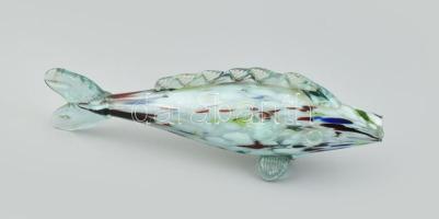 Muránói üveg dísz hal, anyagában színezett, jelzés nélkül, h: 28 cm