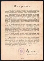 1940 Szatmárnémeti, búcsúparancs a m. kir. 15. dandár honvédei számára az erdélyi bevonulást követően, nyomtatott aláírással, bélyegzővel. Hajtott, kissé foltos.
