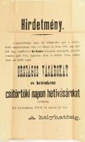 1876 Kiszombor, hirdetmény az országos vásárokról és csütörtöki hetivásárokról, hajtott, kissé sérült, 47x30 cm