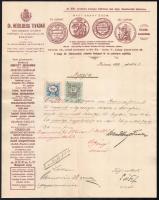 1899 Bp., Dr. Heidelberg Tivadar vegyészeti gyárai, díszes fejléces számla, saját kezű aláírással, 24+2 f (érvénytelenített) okmánybélyeggel