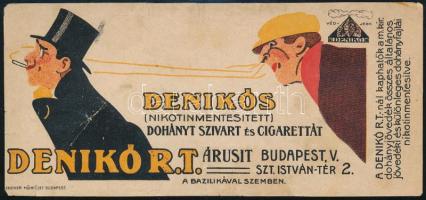cca 1920-1930 Denikó Rt. nikotinmentesített dohány, szivar és cigaretta számolócédula