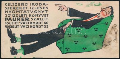 cca 1920-1930 Pauker irodaszer, nyomtatvány, könyv számolócédula, Bíró Mihály grafikája, foltos