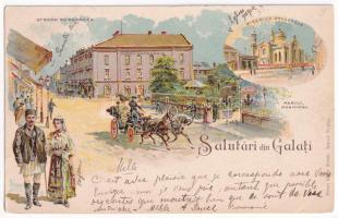 1901 Galati, Galatz; Strada Domneasca, Biserica Greceasca, Parcul Municipal, Hotel Metropole / street view, church, park, hotel. Künzli Art Nouveau, floral, litho (EK)