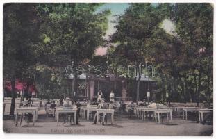 1911 Braila, Bufetul din Gradina Publica / buffet at the park, restaurant, garden with waiters and guests (wet damage)
