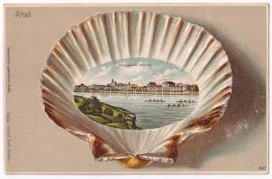 Arad, Marosparti részlet evezősökkel. Kerpel Izsó kiadása, kagylós montázs, dombornyomott szecessziós litho / Mures riverside. Druck Kunstanstalt Rosenblatt Art Nouveau shell montage, Emb. litho (fa)