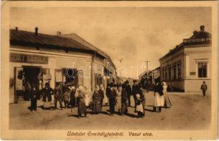 1915 Érmihályfalva, Valea lui Mihai; Vasút utca, Kereskedelmi és Iparbank, Sziky Károly üzlete. Glück Lajos kiadása / street view, shops, bank (EK)