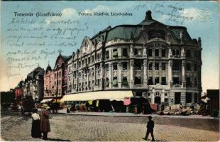 1915 Temesvár, Timisoara; Ferenc József út, Lloyd palota, piac. Vasúti levelezőlapárusítás / street view, palace, market (EK)