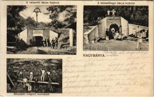 1914 Nagybánya, Baia Mare; Veresvízi és kereszthegyi bánya bejárata, bányászok munka közben. Kovács Gyula kiadása / mine entries, miners (EK)