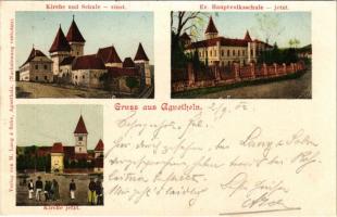 1902 Szentágota, Agnetheln, Agnita; Kirche und Schule (einst), Kirche (jetzt), Ev. Hauptvolksschule (jetzt) / Evangélikus templom és iskola régen, Evangélikus népiskola és Evangélikus templom manapság. M. Lang & Sohn kiadása / Lutheran church and school