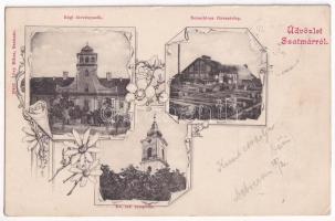 1901 Szatmárnémeti, Szatmár, Satu Mare; Régi törvényszék, Neuschlosz fűrésztelep, Református templom. Lövy Miksa kiadása / old court, sawmill, Calvinist church. Art Nouveau, floral (EK)