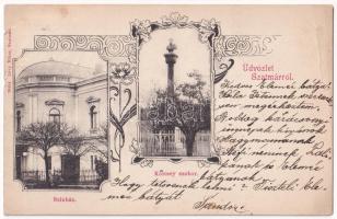 1901 Szatmárnémeti, Szatmár, Satu Mare; Színház, Kölcsey szobor. Lövy Miksa kiadása / theatre, statue, monument. Art Nouveau, floral (EB)