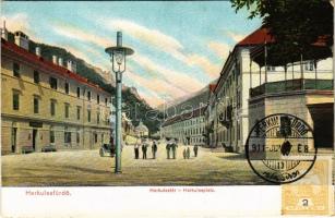 1911 Herkulesfürdő, Baile Herculane; Herkules tér, Sarolta fürdő. Krizsány R. kiadása / square, spa, bath