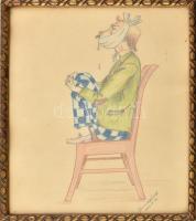 Olvashatatlan jelzéssel (Szinnyei József?): A fogfájós, 1943. Ceruza, papír. Üvegezett, dekoratív fakeretben. 30x24 cm