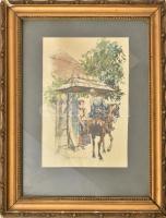 Mühlbeck Károly (1869-1943): Huszár és a menyecske. Akvarell, tus, papír, jelzett. Dekoratív, üvegezett, sérült fakeretben, 20x13,5 cm