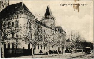 1914 Zagreb, Zágráb; Rudolfova vojarna / katonai laktanya, villamos / military barracks, tram (Rb)