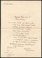 1936 Ernszt Sándor (1870-1938) politikus, pápai prelátus, országgyűlési képviselő, több kormányban miniszter saját kézzel írt és aláírt 3 db levele Esztergom polgármesterének a város és a kórház segélyeinek érdekében történő eljárásairól, hajtva, jó állapotban