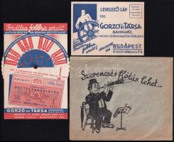 cca 1930-1940 Gorzó és Társa sorsjáték, 2 db reklámlap, az egyik forgatható szerencsekerékkel, borítékkal