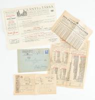 1939 Lányi és Társa osztálysorsjáték reklámanyag, 4 db nyomtatvány (árjegyzék, elismervény, stb.), borítékkal