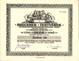 1943. "Bruckner Testvérek Vasárúkereskedelmi Részvénytársaság, Szeged" részvénye 1000P-ről, szelvényekkel