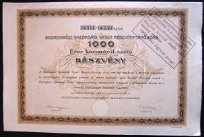 1913. "Bodrogközi Gazdasági Vasút Részvénytársaság" részvénye 1000K-ról, szelvényekkel