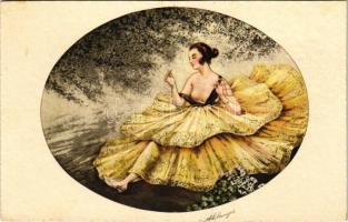 Finoman erotikus hölgy / Italian art postcard, Lady in yellow dress. Paris-Gravures No. 1105 s: A. Solanges
