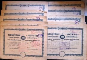 1918. "Magyar Asphalt Részvénytársaság" részvénye 200K-ról (20x), szelvényekkel, benne egymásutáni sorszámokkal, vegyes állapotban