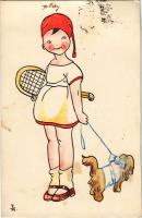 1931 Kutyát sétáltató kislány teniszütővel - Kézzel rajzolt