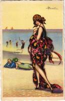 Hölgy a strandon / Lady on the beach. Italian art, Anna & Gasparini 651-5. s: Busi (EK)