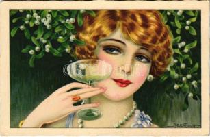 Hölgy pezsgővel / Italian lady art postcard. CCM. 2523. s: A. Bertiglia