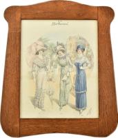 cca 1910 Chic Parisien, színes női divatkép. Nyomat, papír, Atelier Bachwitz kiadása. 37,5x30 cm. Dekoratív, üvegezett fakeretben.