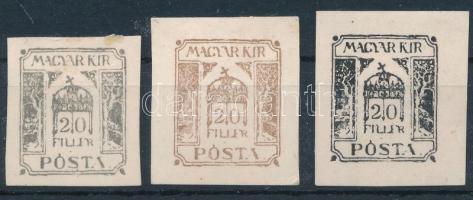 ~1900 Turul bélyegterv 3 db különböző színű nyomata fogazatlan, gumi nélküli papíron