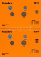 Hollandia 1948-1953. 1c-25c öt különböző év nem hivatalos forgalmi összeállításai narancssárga kartonlapon, összesen 16xklf érmével T:2,2- Netherlands 1948-1953. 1 Cent - 25 Cent unofficial coin sets from five different years on orange cardboard, 16xdiff coins C:XF,VF
