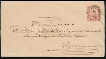 1874 5kr díjjegyes boríték "ERZSÉBETVÁROS" (sérült sarok / damaged corner)