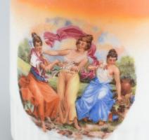 2 db Zsolnay japonizáló és zsánerjelenetes bögre, jelzett, kopott, kis csorbákkal, m: 9 cm