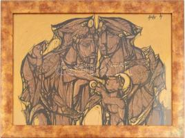 Xantus Gyula (1919-1993): Szent család. Vegyes technika, farost. Jelezve jobbra fent. Dekoratív, üvegezett fakeretben. 34x50 cm / mixed technique on fibre board, signed, framed