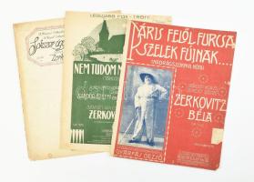 cca 1900-1920 3 db Zerkovitz Béla dal kottája (Páris felől furcsa szelek fújnak...; Nem tudom, mi az...