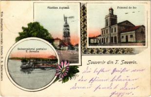 1917 Turnu Severin, Szörényvár; Fantana Aeriana, Debarcaderul portului, Foisorul de foc / windmill, port, fire brigade. Art Nouveau (EK)