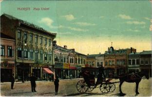 Ploiesti, Ploesti, Ploesci; Piata Unirei / square, shops, horse-drawn carriage (EK)