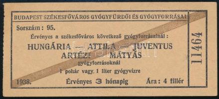 1938 4 filléres értékjegy, érvényes 5 budapesti gyógyforrásnál 1 l gyógyvízre, szép állapotban, hátoldalt érvényességi dátummal