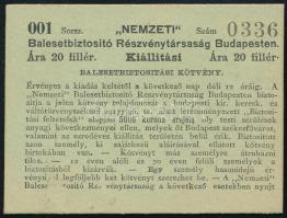 1896 A Nemzeti Balesetbiztosító Rt. kizárólag a millenniumi kiállításra érvényes 20 filléres biztosítási karton kötvénye, kis szövegközi kopással, kitöltetlen