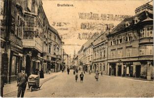 1921 Pozsony, Pressburg, Bratislava; utca, Hauser Mihály, Bader N., Aczél üzlete, vendéglő, étterem / street view, shops, restaurant (EK)