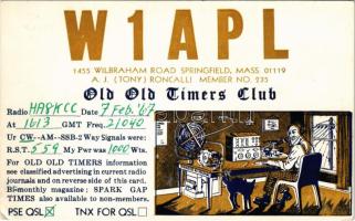 W1APL Old Old Timers Club. 1455 Wilbraham Road Springfield, Mass. A.J. (Tony) Roncalli Member No. 235. / Amerikai QSL rádióamatőr lap / American QSL card (radio amateur) (EK)