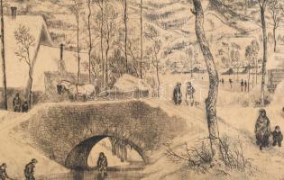 Würtz Ádám (1927-1994): Első hó. Rézkarc, papír, jelzett, kissé foltos, 21×41 cm