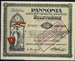 1920. "Pannonia Keresztény Fogyasztási Szövetkezet" üzletrésze 50K-ról, szelvényekkel