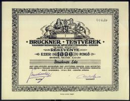 1943. "Bruckner Testvérek Vasárúkereskedelmi Részvénytársaság, Szeged" részvénye 1000P-ről, szelvényekkel